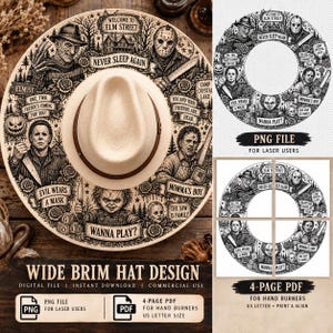 Può includere: Un cappello a tesa larga con un dettagliato design in bianco e nero di personaggi di film horror. L'illustrazione include figure come Freddy, Jason, Michael Myers e Chucky, con testi come Welcome to Elm Street e Wanna Play?