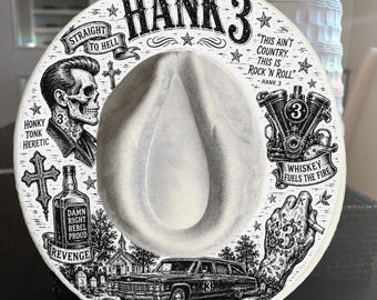 Design de chapéu de aba larga Hank 3 com efeito de queimadura (PNG gravado a laser e manualmente)