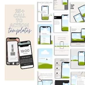 May include: A promotional graphic with the text "25+ CALL TO ACTION templates." Two smartphones display example templates. One says "WE ARE HIRING!" and the other shows a reminder at 7:00 PM. Other templates are also shown.