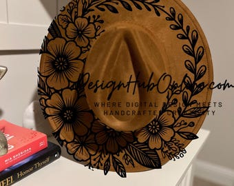 Diseño de sombrero floral bohemio: ala ancha, archivo láser y grabado a mano