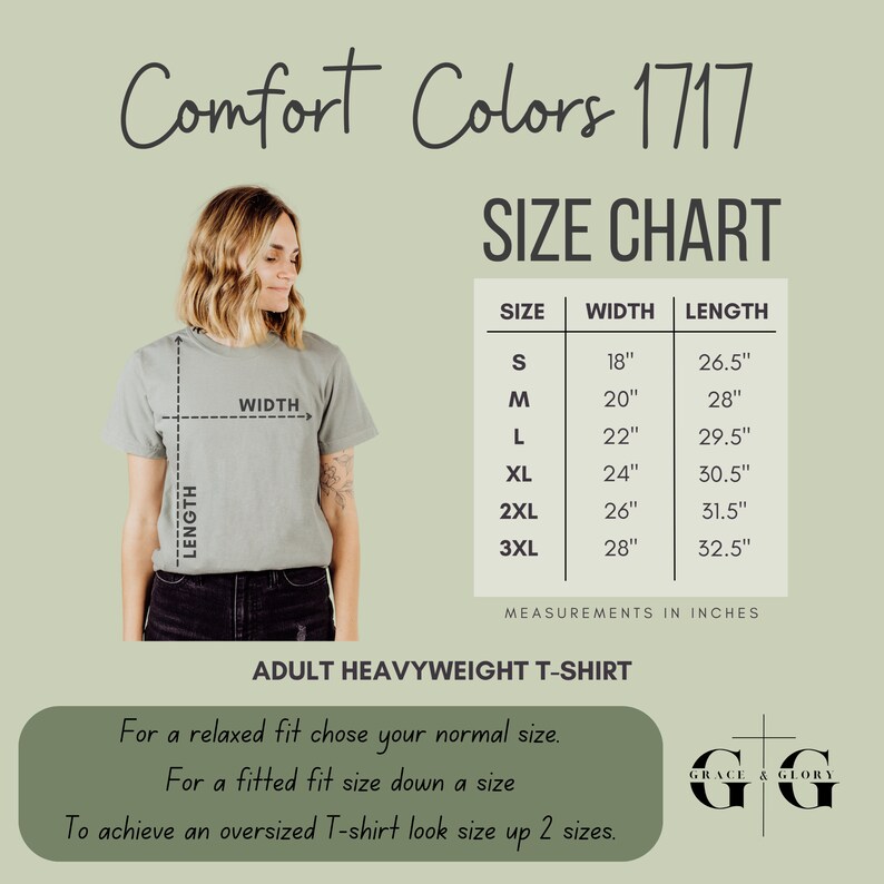 Op de afbeelding: Maattabel voor zware T-shirts voor volwassenen in Comfort Colors 1717. De tabel toont de afmetingen in inches voor breedte en lengte voor de maten S, M, L, XL, 2XL en 3XL. De tekst luidt: "Voor een ontspannen pasvorm kies je je normale maat. Voor een strakke pasvorm kies je een maat kleiner. Om een oversized T-shirt look te krijgen, kies je twee maten groter."