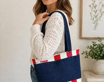 Handmade Large Tote Bag | Shoulder Bag | Weekend Tote | Upcycled Tote | Patriotic Bag | Scrappy denim upcycle