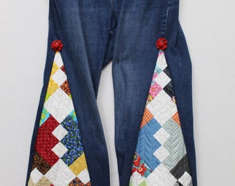 Handmade Quilted Patchwork Jeans – Upcycled Denim Pants for Women, Recycled Clothing