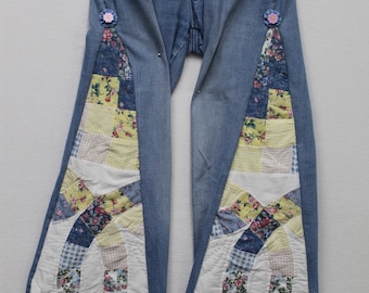 Handmade Quilted Patchwork Jeans – Upcycled Denim Pants for Women, Recycled Clothing