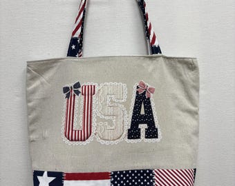 Handmade Large Tote Bag | Shoulder Bag | Weekend Tote | Upcycled Tote | Patriotic Bag | USA DTF Tote Bag
