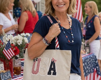 Handmade Large Tote Bag | Shoulder Bag | Weekend Tote | Upcycled Tote | Patriotic Bag | USA DTF Tote Bag