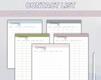 Contact List Printable Template | Address Book (A4 + Letter PDF)