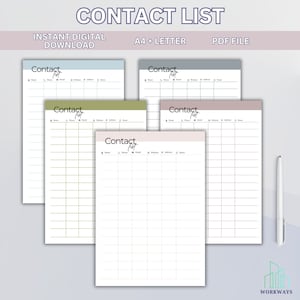 Contact list printable template | Address Book | Contact tracker | Contact organizer | Contact sheet | Instant download template