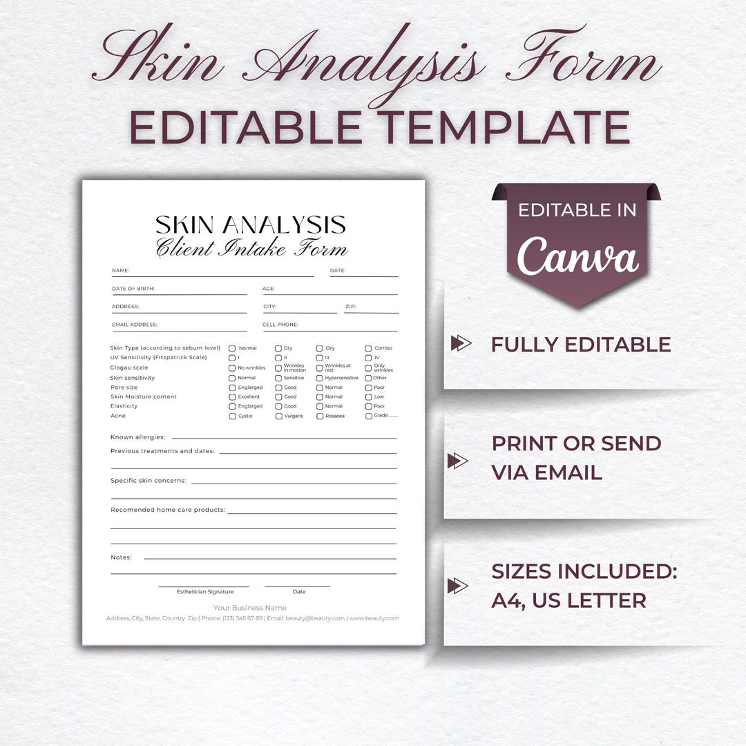 Skin Insoection Form Editable Skin Analysis Client Intake Form, Skin Consultation Form ...