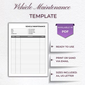 Afdrukbare sjabloon voor voertuigonderhoud | Autoreparatielogboek| Onderhoudslogboek auto | Direct downloaden