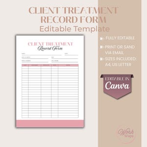 Client treatment plan, esthetician forms documents, treatment record form, editable template
