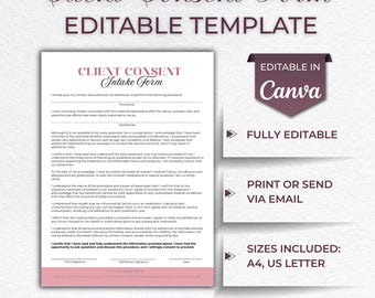 Client Consent Form, Skincare Forms, Esthetician Forms Documents, Editable Template