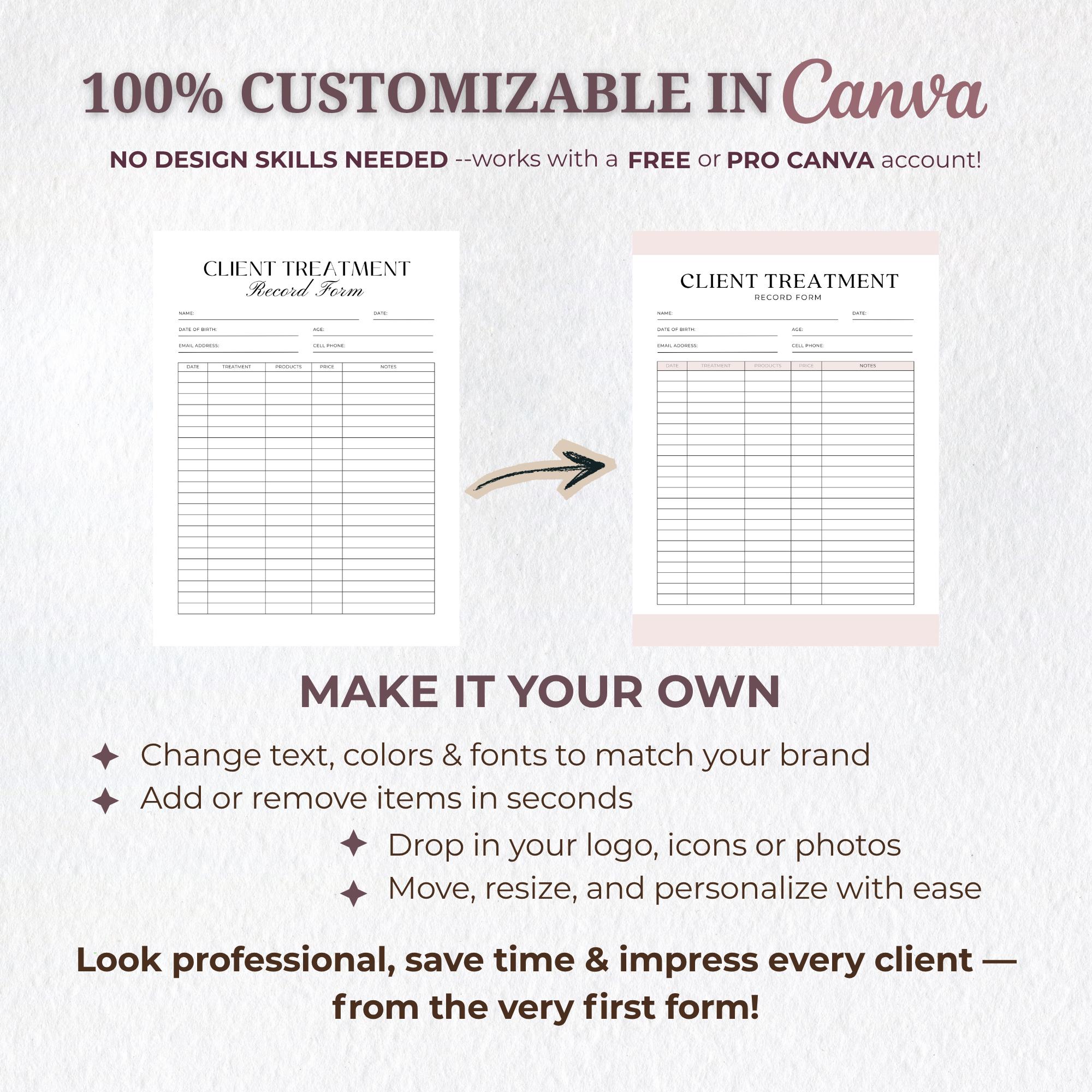 Esthetician Client Treatment Record Form, Beauty Treatment Plan, Facial ...