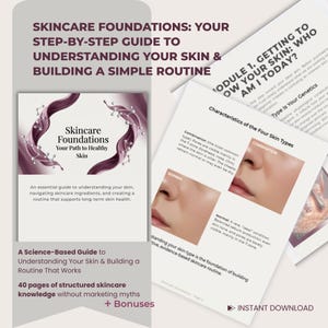 Könnte beinhalten: Ein digitaler Ratgeber mit dem Titel "Skincare Foundations" mit einer Schritt-für-Schritt-Anleitung zum Verständnis der Haut und zum Aufbau einer Routine. Das Cover zeigt ein lila Design. Zusätzliche Seiten beschreiben Hauttypen und Hautpflegeroutinen. Enthält den Text "Sofort-Download".