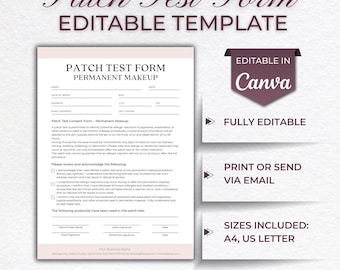 Formulier patchtest, formulier huidanalyse, formulier huidanalyse, huidadviesformulier, schoonheidskliniek Schoonheidsspecialiste formulieren, bewerkbare Canva-sjabloon