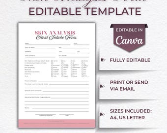 Facial Consultation Form, Skin Analysis Form, Salon Esthetician forms documents, Canva editable template