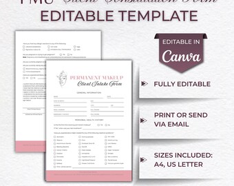 PMU Client Consultation Forms, Permanent makeup forms, Consent Form, Esthetician Forms Documents, Canva Editable Template
