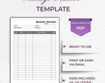 Vehicle Mileage Tracker Template: Printable Record Log (Instant Download)