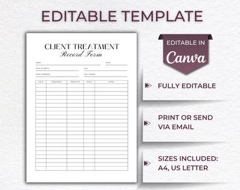 Esthetician Client Treatment Record Form, Beauty Treatment Plan, Facial Treatment Forms Documents, Editable Canva Template