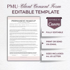 PMU Client Consent Form, Permanent makeup forms, Esthetician Forms Documents, Editable Template