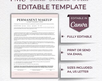 PMU Client Consent Form, Permanent makeup forms, Esthetician Forms Documents, Editable Template