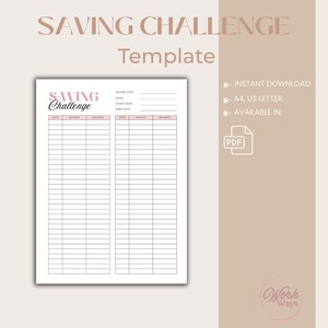 Könnte beinhalten: Eine druckbare Spar-Challenge-Vorlage mit den Worten "SAVING CHALLENGE" in Rosa. Die Vorlage enthält Abschnitte für Datum, Betrag und Saldo. Der Hintergrund ist hellbeige.