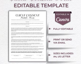 Client Consent Form, Skincare Forms, Esthetician consultation forms, Cosmetology clinic documents, Editable Template