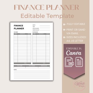 Plantilla de planificador financiero / Seguimiento de presupuesto imprimible / Seguimiento de gastos / Plantillas editables en Word