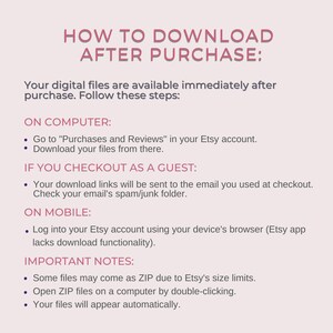 Op de afbeelding: Een roze en witte infographic met de tekst 'HOE TE DOWNLOADEN NA AANKOOP:' en instructies voor het downloaden van digitale bestanden van Etsy. De instructies omvatten downloaden op een computer, als gast en op mobiele apparaten.