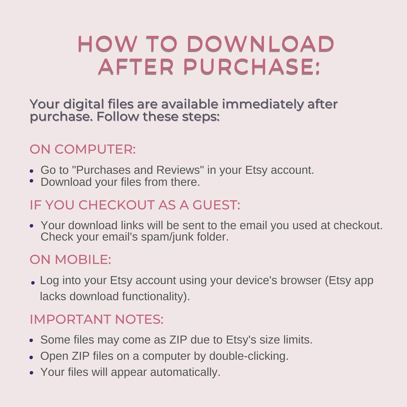 Op de afbeelding: Een roze en witte infographic met de tekst 'HOE TE DOWNLOADEN NA AANKOOP:' en instructies voor het downloaden van digitale bestanden van Etsy. De instructies omvatten downloaden op een computer, als gast en op mobiele apparaten.