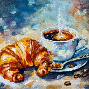 Pintura de taza de café, croissant, arte original, arte de pared de cocina, obra de arte de empasto, pintura de naturaleza muerta, pintura al óleo de comida, café turco, regalo, 6 x 6