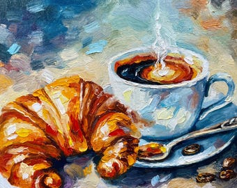 Coffee Cup Painting Croissant Original Art Kitchen Wall Art
