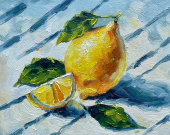Lemon Painting Original Kitchen Oil Wall Art Citrus Impasto Still Life Painted Fruit Artwork Food Oil Painting Home Decor Gift 6'' x 6''