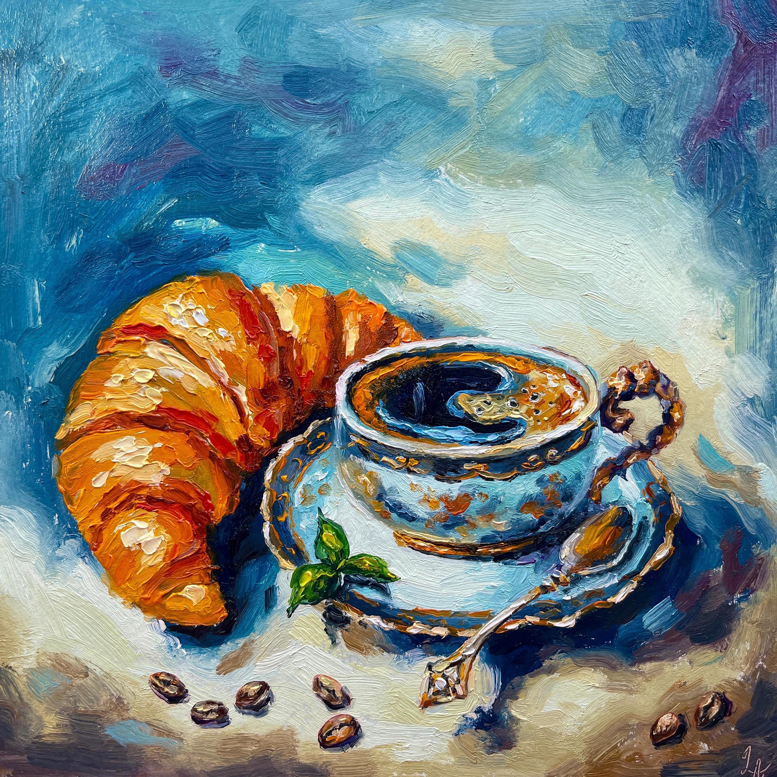 油彩画　coffee time Coffee Cup Oil Painting Croissant Original Art Kitchen Wall