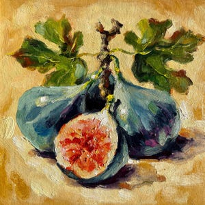 Pintura al óleo de higo, arte original, decoración de pared de frutas, pintura de bodegón, arte de pared de cocina, obra de arte de empaste, pintura al óleo de comida, regalo, 6x6