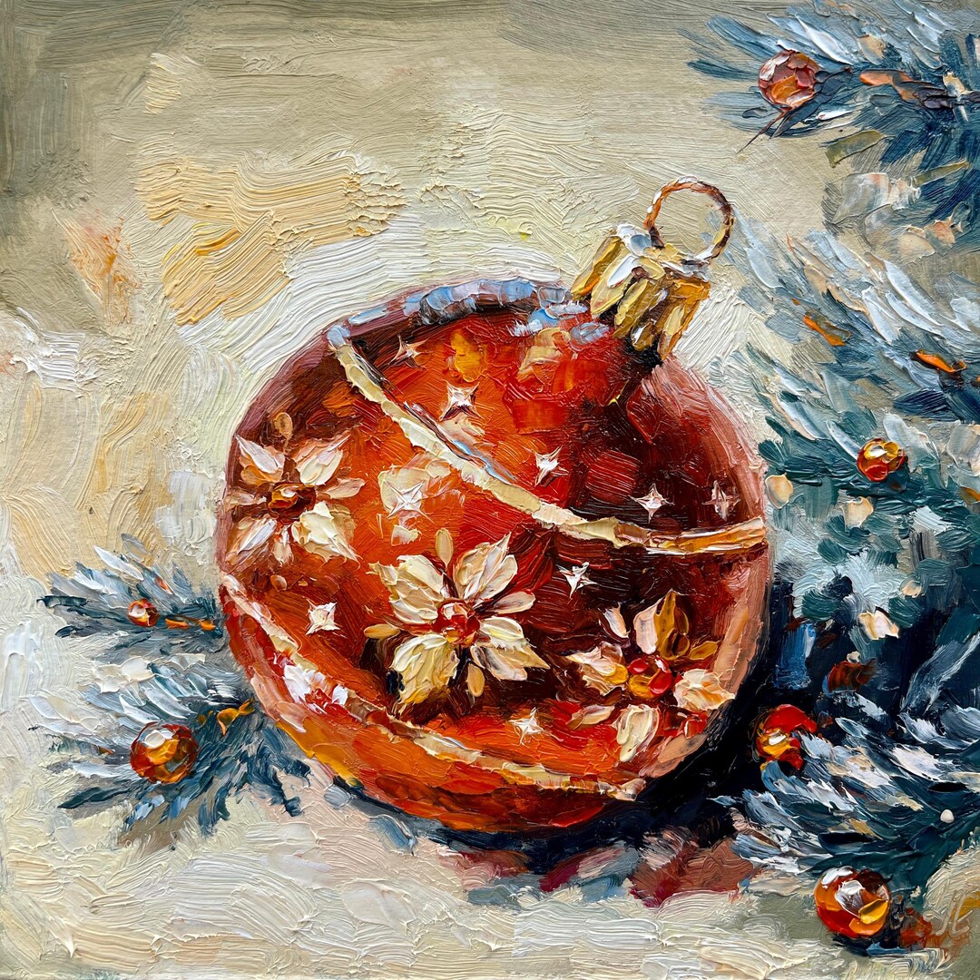 Christmas Red Ball Oil Painting Original Art Small Painting