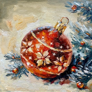 Pintura al óleo de bola roja navideña, arte original, pintura pequeña, arte de pared en miniatura, decoración de Año Nuevo, obras de arte navideñas, regalo de Navidad, 6 x 6