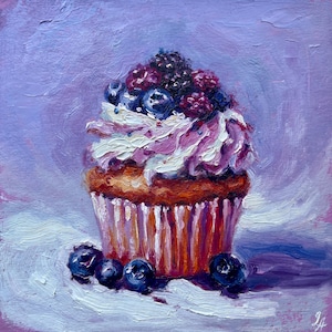 Pintura de cupcakes, pastel, arte original, postre dulce, obra de arte al óleo, pequeño empaste, comida, arte de pared de cocina, pintura de naturaleza muerta, regalo, 6'' x 6''