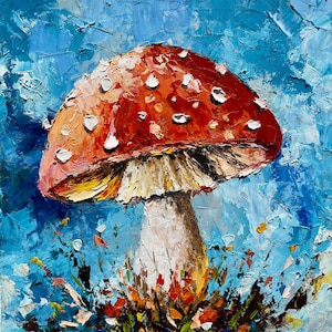 Mushroom Oil Painting Fly Agaric Fantasy Art Original Vibrant Textured Painting Botanical Artwork Fairy Tale Forest Wall Decor Gift 7x7