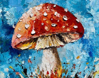 Pilz-Ölgemälde Fliegenpilz Fantasy Kunst Original lebendige strukturierte Malerei botanische Kunstwerk Märchenwald Wanddekor Geschenk 200x200