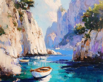 Capri Italy Painting: Mediterranean Coastal Boat Oil Painting