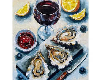 Oyster Painting Shell Original Art Seafood Oil Painting Lemon Painting Coastal Artwork Kitchen Food Art Still Life Painting Gift for Foodies