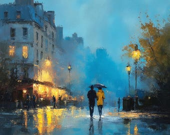 Rainy Paris Painting: City Street Oil Art, Original French Painting, Romantic Evening Cityscape