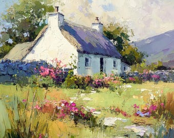Ireland Painting: Irish Cottage with Wildflowers Oil Art, Original Impasto WallArt