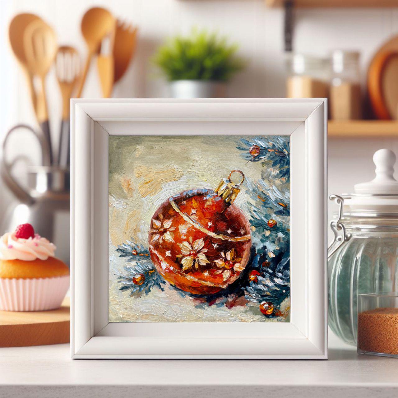 Christmas Red Ball Oil Painting Original Art Small Painting