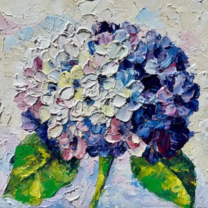 Pintura al óleo de hortensias, arte original de flores, pintura pequeña, obra de arte floral morada para espacios acogedores, 6 x 6