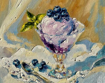 May include: A painting of a scoop of lavender ice cream in a clear glass dessert dish, topped with fresh blueberries. A silver spoon rests on a white, lacy doily. A sprig of green leaves is on the side.