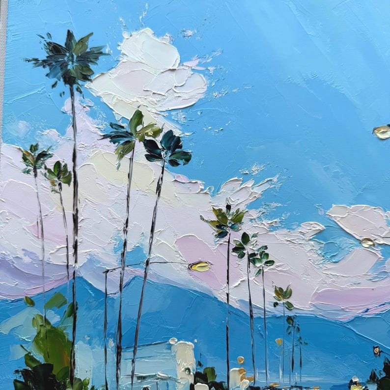 May include: An oil painting featuring tall, slender palm trees with dark green fronds set against a bright blue sky. Thick, textured white and pale pink impasto clouds drift behind the trees, creating a layered effect with visible brushstrokes.