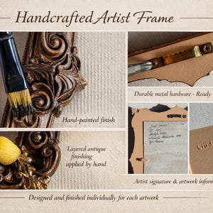 May include: A handcrafted artist frame featuring a dark brown, ornate, hand-painted finish with layered antique detailing. The frame includes durable metal hanging hardware, an artist signature, and the embossed brand name LiudmylArts.