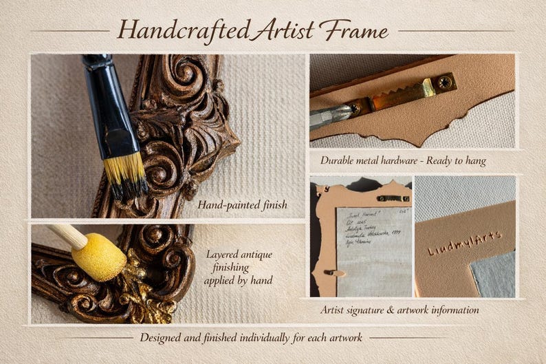 May include: A handcrafted artist frame featuring a dark brown, ornate, hand-painted finish with layered antique detailing. The frame includes durable metal hanging hardware, an artist signature, and the embossed brand name LiudmylArts.